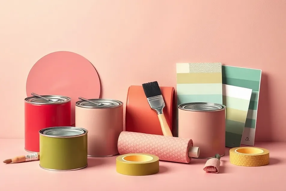 Pots de peinture, nuancier, brosses et rouleaux disposés à plat