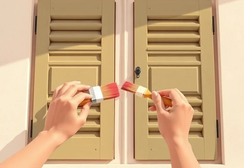 Mise en peinture au pinceau de volets et d'encadrements en bois