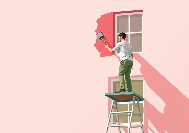 Peintre sur échafaudage traitant la façade d'une maison