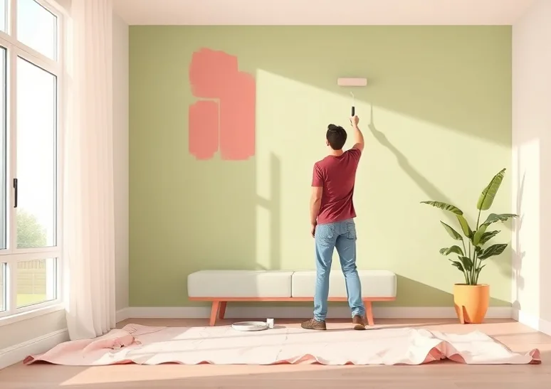 Peintre appliquant la peinture au rouleau sur un mur de salon